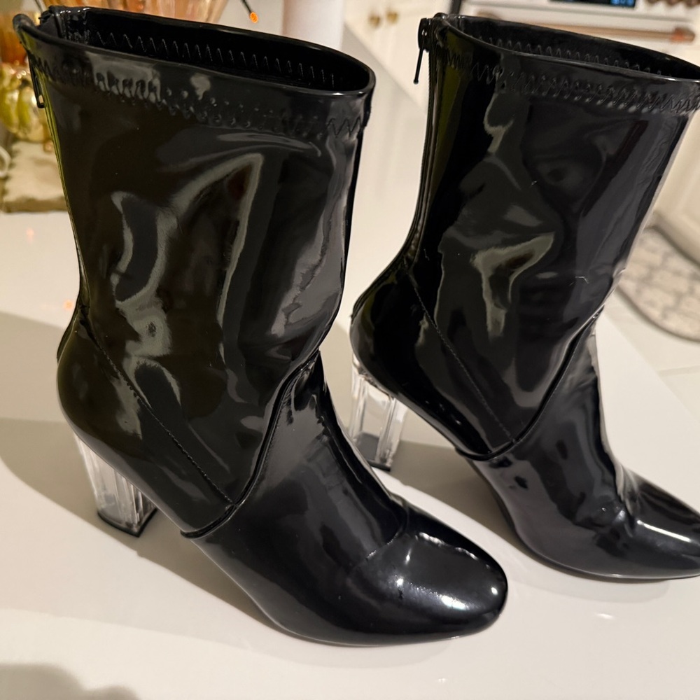 Glossy Patent Black Heeled Boots with Clear Block Heel